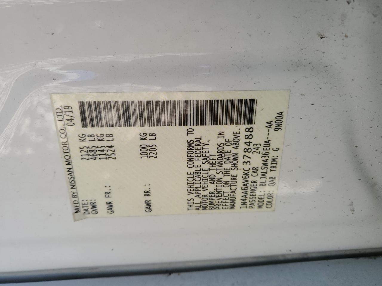 2019 Nissan Maxima S VIN: 1N4AA6AV6KC378488 Lot: 51565975