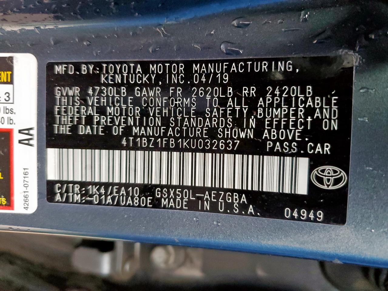 2019 Toyota Avalon Xle VIN: 4T1BZ1FB1KU032637 Lot: 55138585