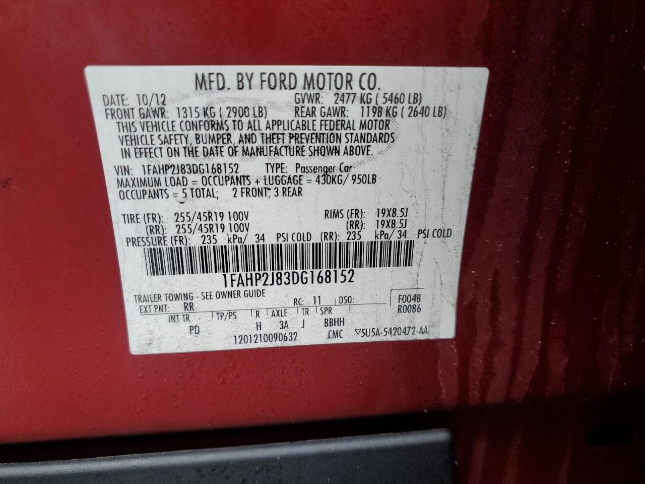 2013 Ford Taurus Limited VIN: 1FAHP2J83DG168152 Lot: 51285905