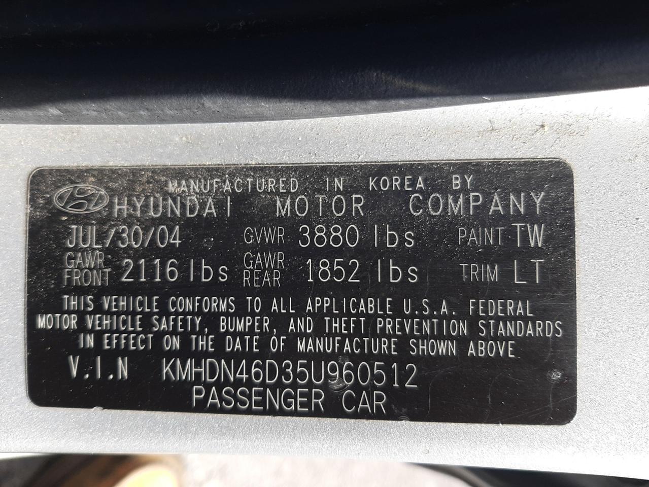 2005 Hyundai Elantra Gls VIN: KMHDN46D35U960512 Lot: 54788115