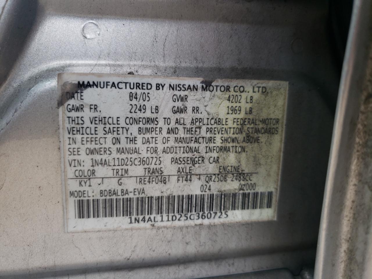 2005 Nissan Altima S VIN: 1N4AL11D25C360725 Lot: 52488515