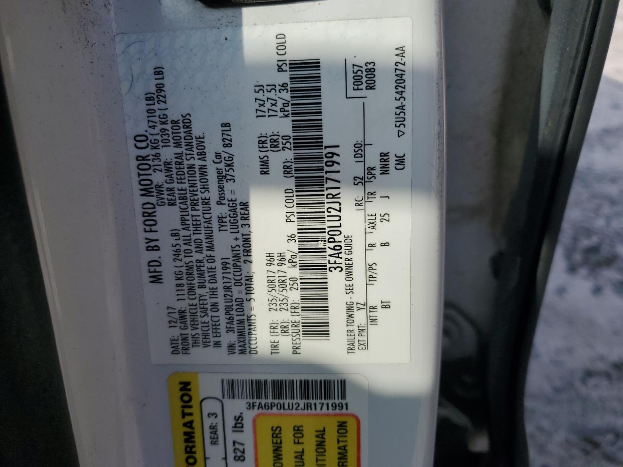 2018 Ford Fusion Se Hybrid VIN: 3FA6P0LU2JR171991 Lot: 54030255