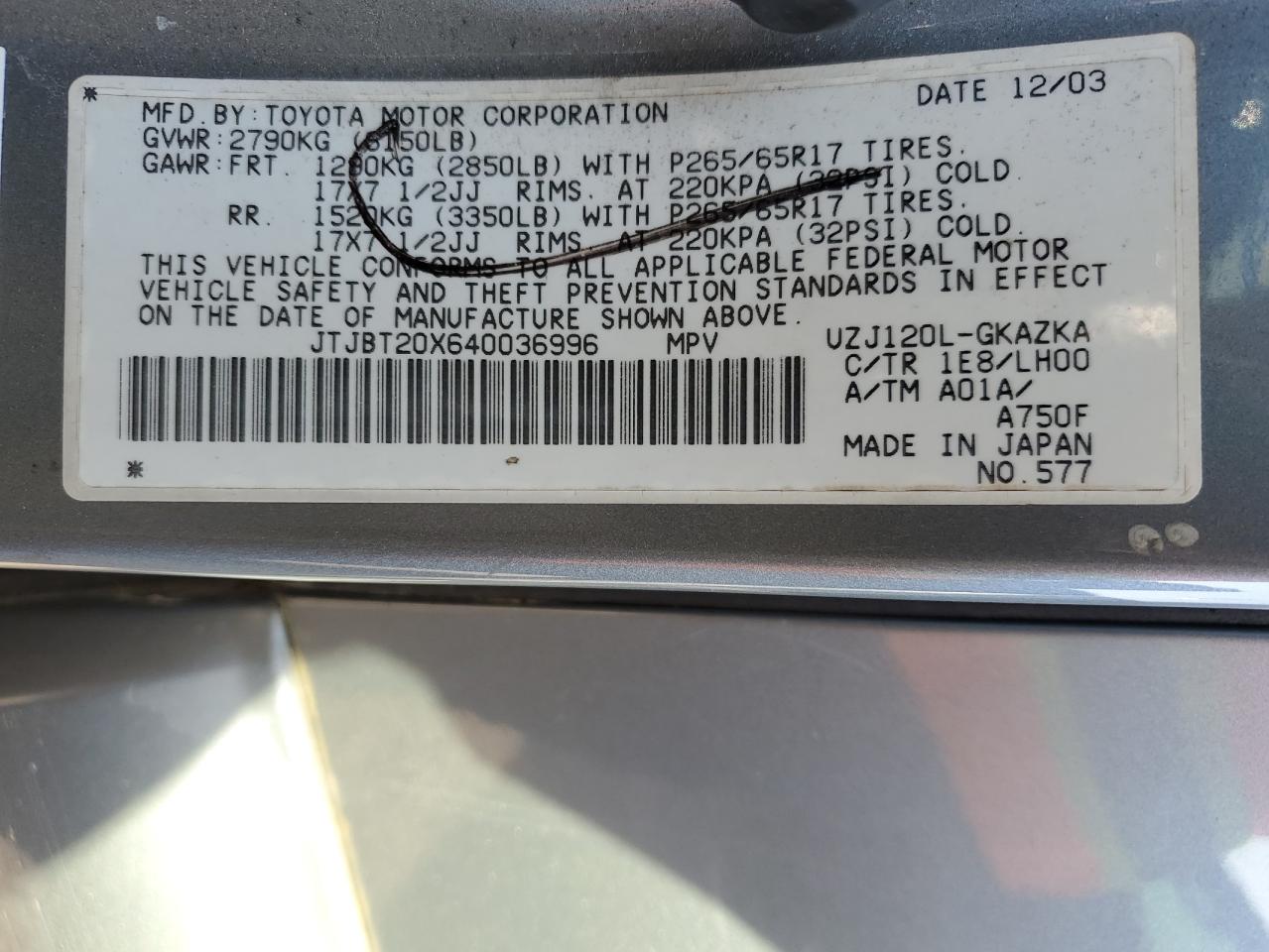 2004 Lexus Gx 470 VIN: JTJBT20X640036996 Lot: 52986205