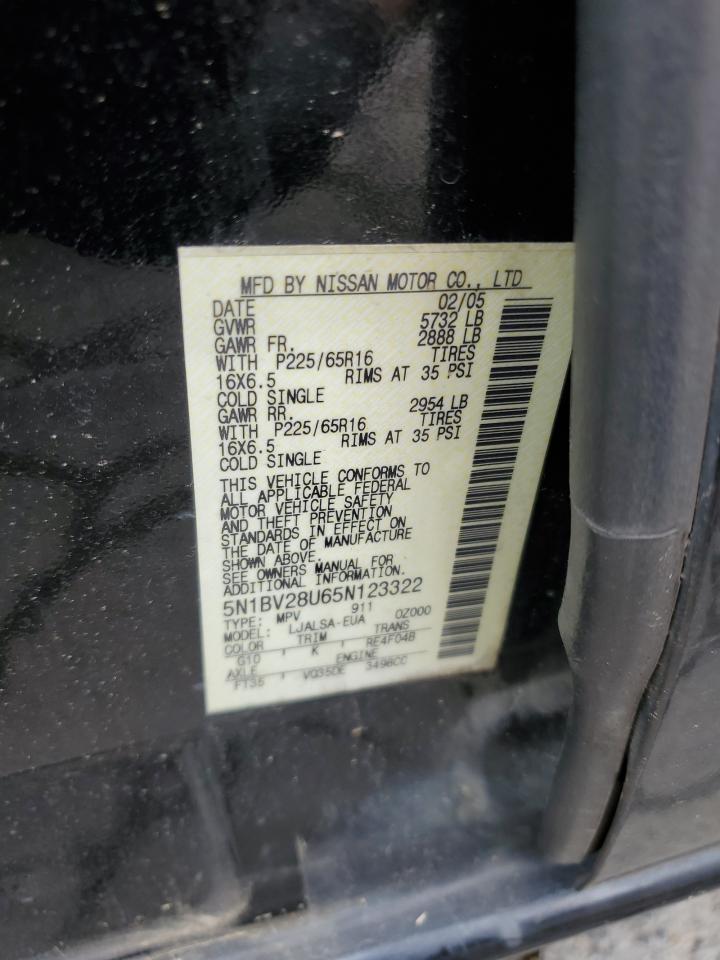 2005 Nissan Quest S VIN: 5N1BV28U65N123322 Lot: 54892815