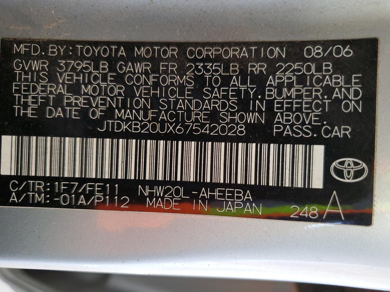 2006 Toyota Prius VIN: JTDKB20UX67542028 Lot: 53923135