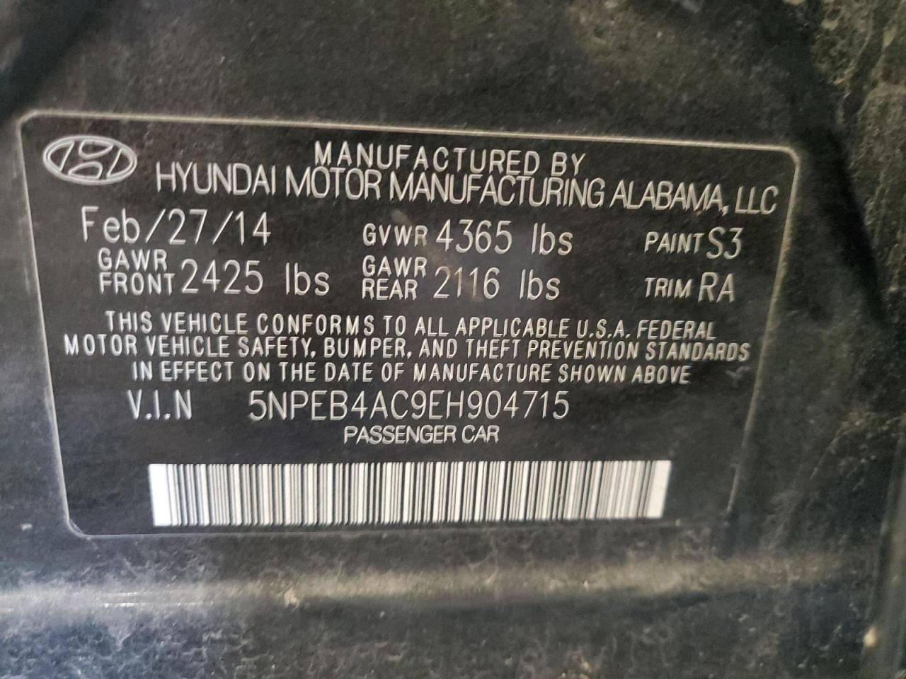 2014 Hyundai Sonata Gls VIN: 5NPEB4AC9EH904715 Lot: 55023395
