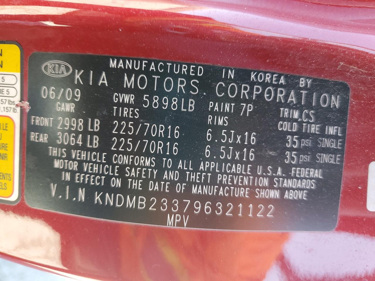 2009 Kia Sedona Ex VIN: KNDMB233796321122 Lot: 52336225