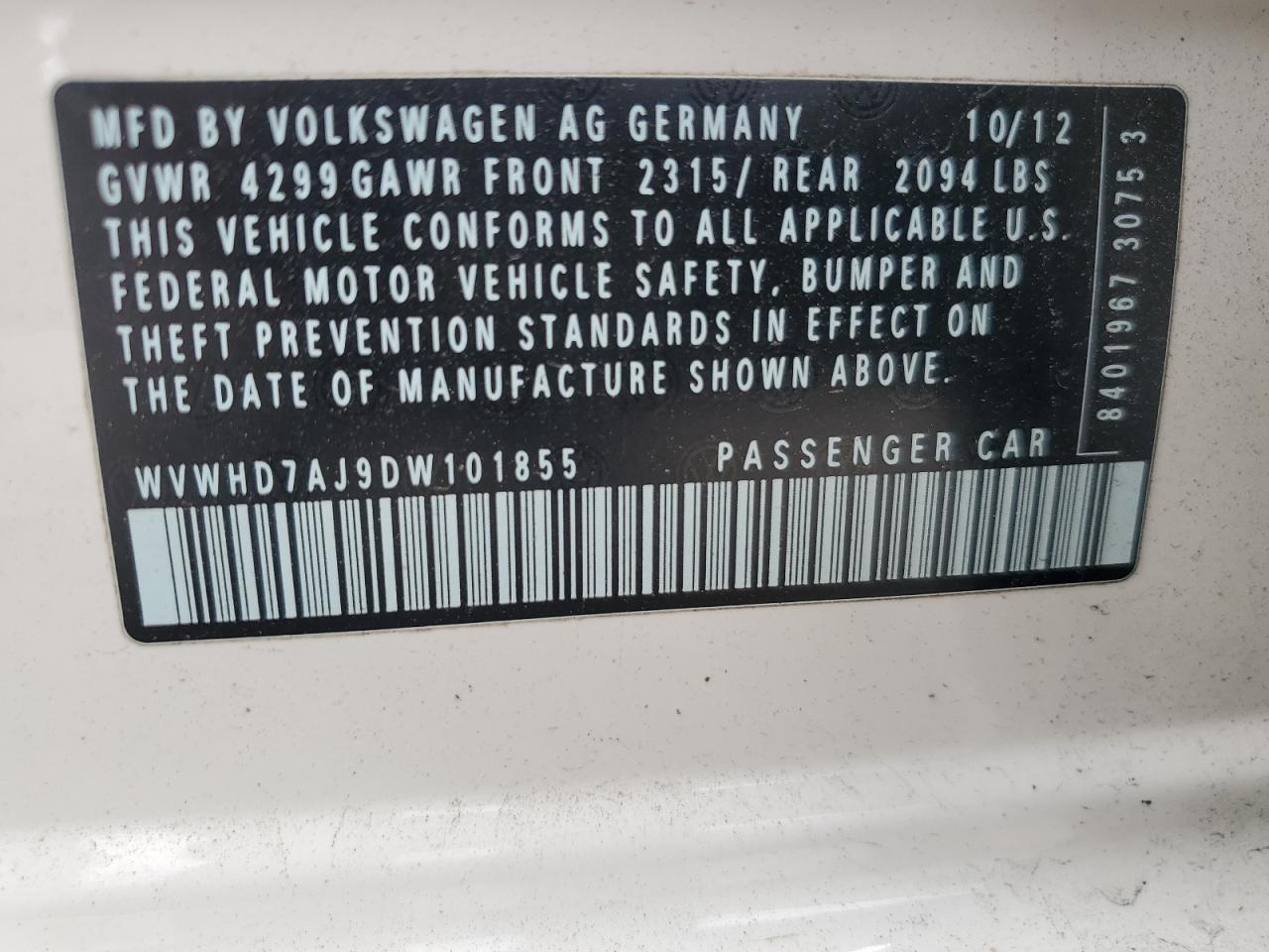 2013 Volkswagen Gti VIN: WVWHD7AJ9DW101855 Lot: 53679145