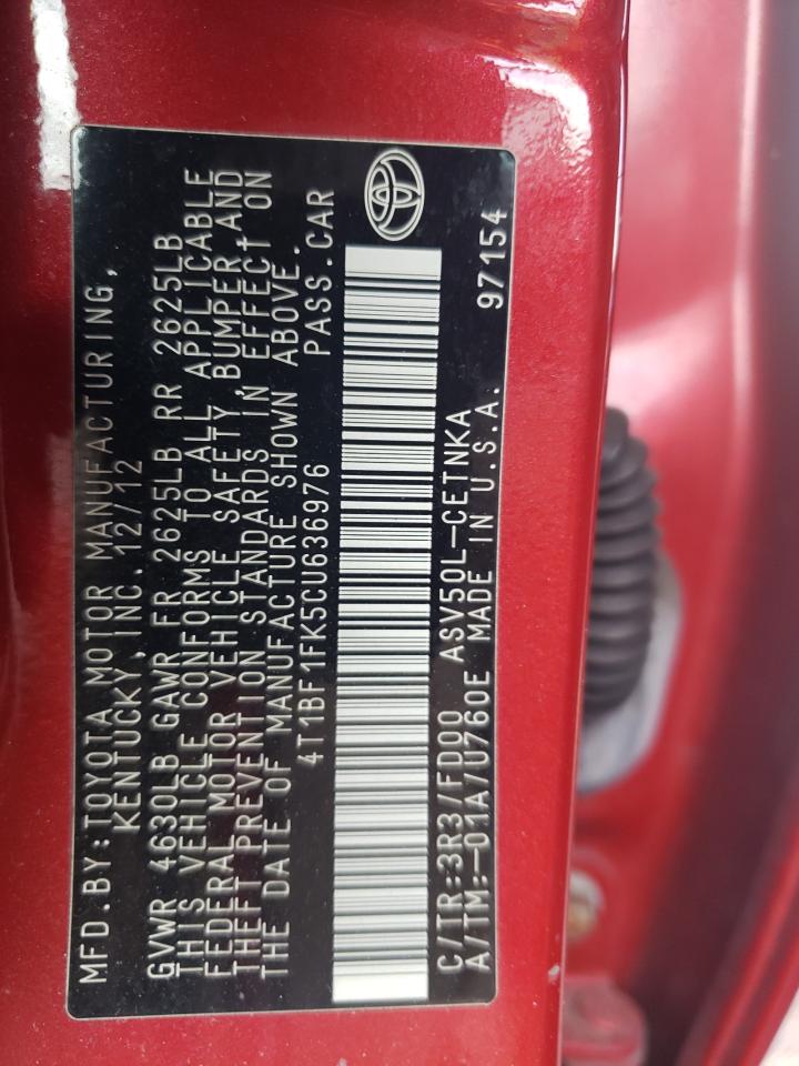 2012 Toyota Camry Base VIN: 4T1BF1FK5CU636976 Lot: 52767095