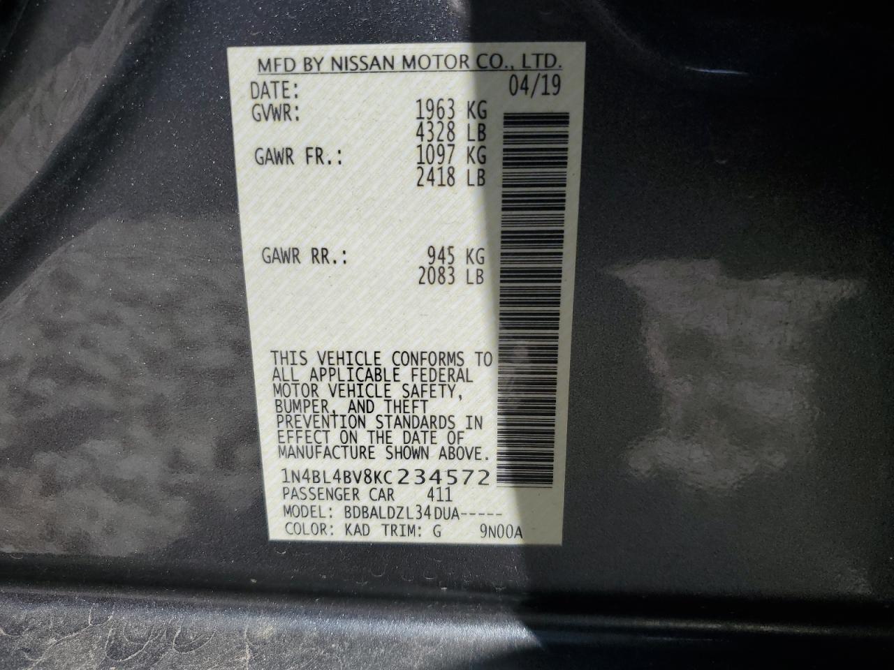 2019 Nissan Altima S VIN: 1N4BL4BV8KC234572 Lot: 49839085