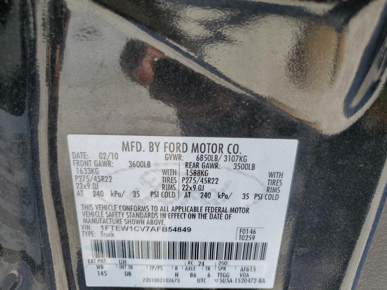 2010 Ford F150 Supercrew VIN: 1FTEW1CV7AFB54849 Lot: 57407605