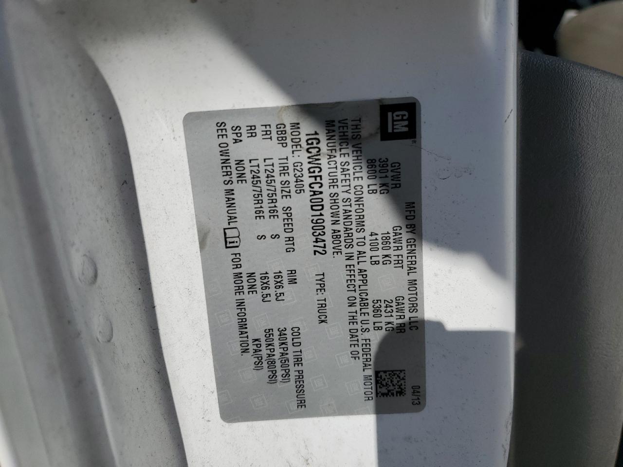 2013 Chevrolet Express G2500 VIN: 1GCWGFCA0D1903472 Lot: 51230345