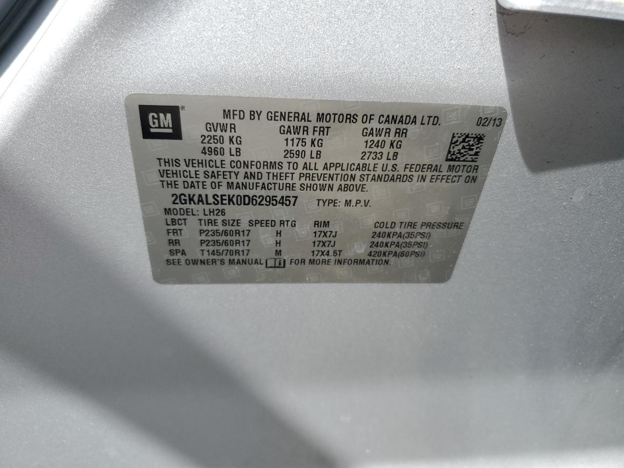 2013 GMC Terrain Sle VIN: 2GKALSEK0D6295457 Lot: 51103055
