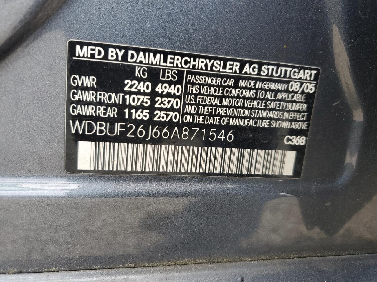 2006 Mercedes-Benz E 320 Cdi VIN: WDBUF26J66A871546 Lot: 54916385