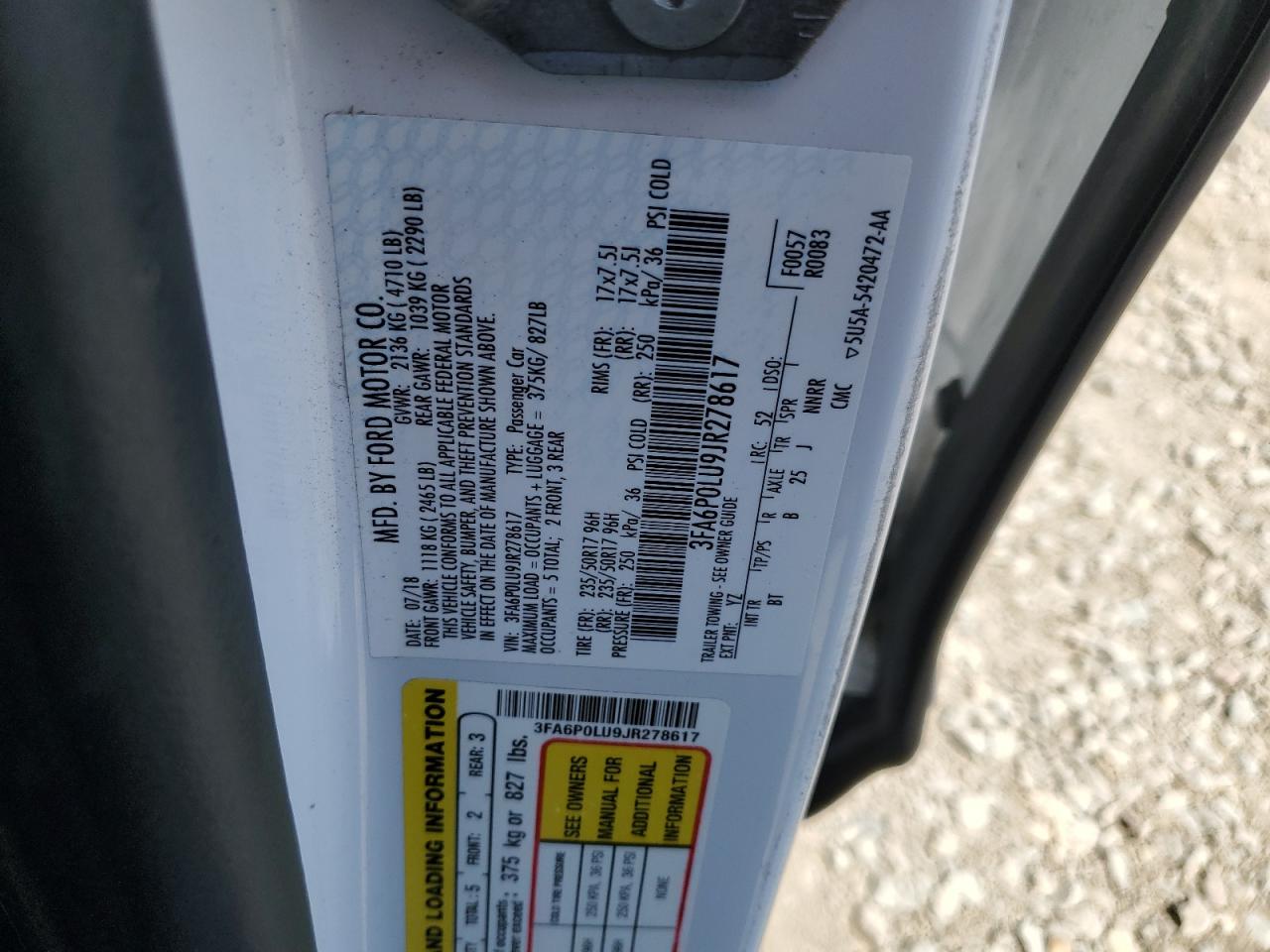 2018 Ford Fusion Se Hybrid VIN: 3FA6P0LU9JR278617 Lot: 54040585