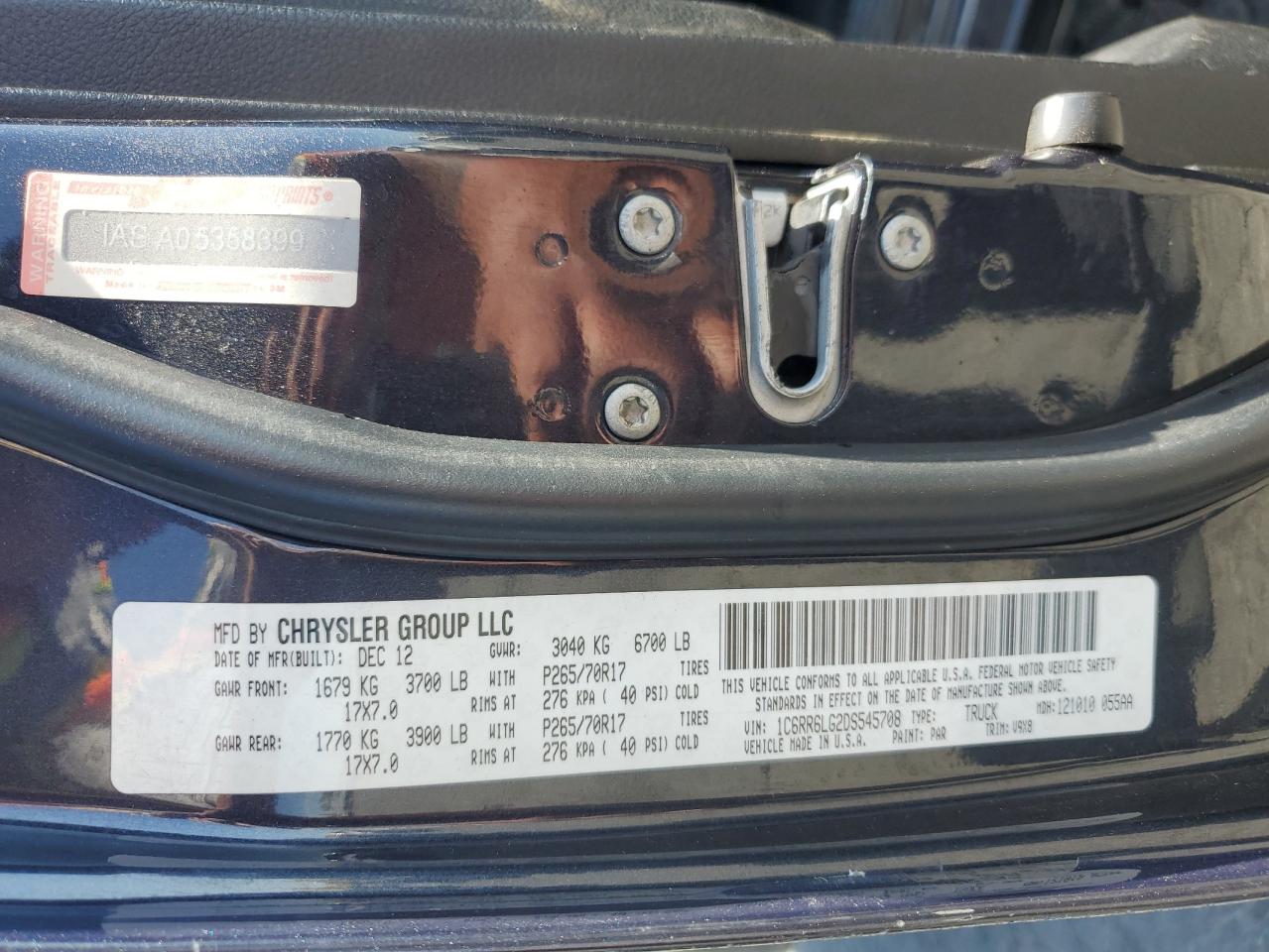 2013 Ram 1500 Slt VIN: 1C6RR6LG2DS545708 Lot: 52283875