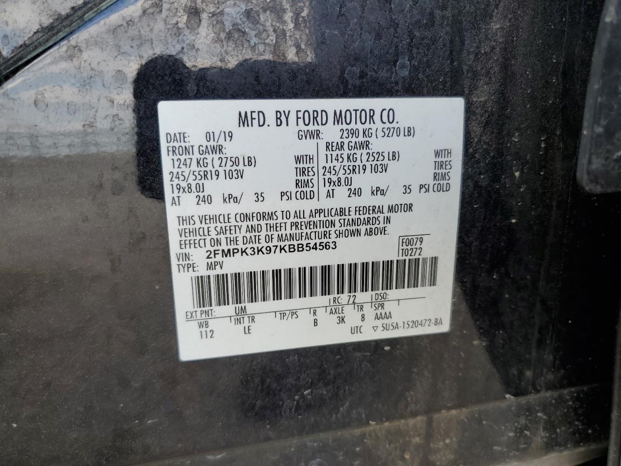 2019 Ford Edge Titanium VIN: 2FMPK3K97KBB54563 Lot: 54952655