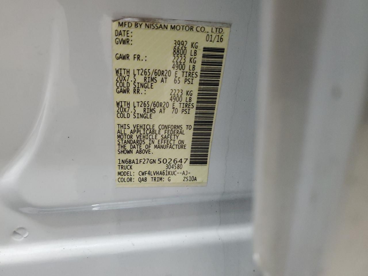 2016 Nissan Titan Xd Sl VIN: 1N6BA1F27GN502647 Lot: 53079895