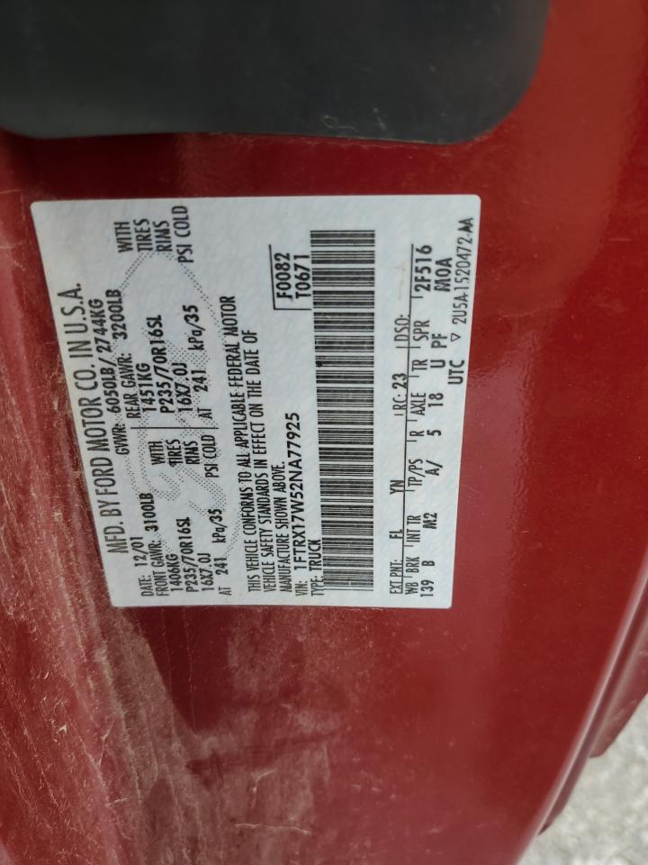 2002 Ford F150 VIN: 1FTRX17W52NA77925 Lot: 53037615