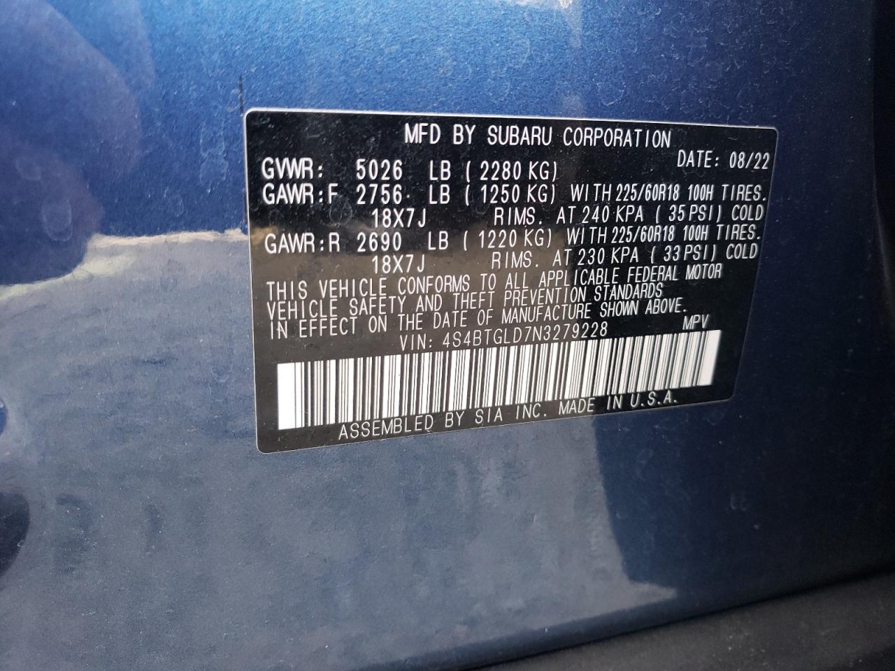 2022 Subaru Outback Onyx Edition Xt VIN: 4S4BTGLD7N3279228 Lot: 53067875