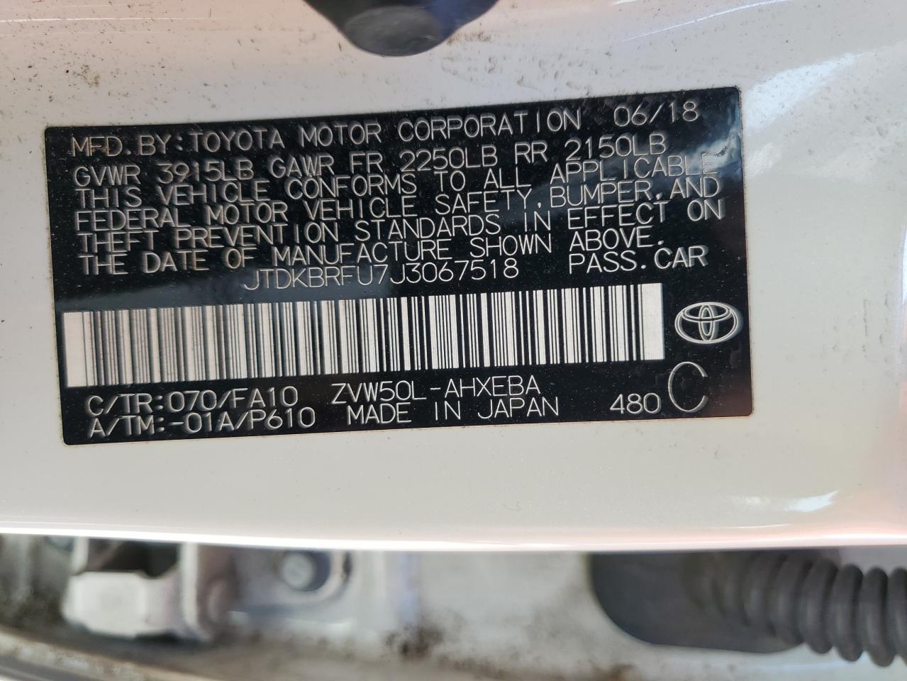 2018 Toyota Prius VIN: JTDKBRFU7J3067518 Lot: 52778915