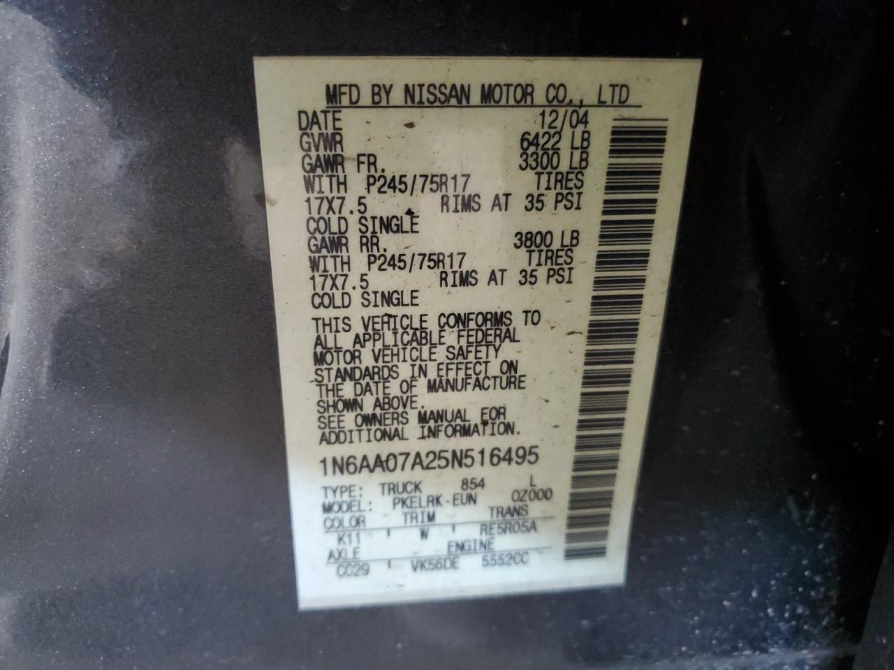 2005 Nissan Titan Xe VIN: 1N6AA07A25N516495 Lot: 54854545