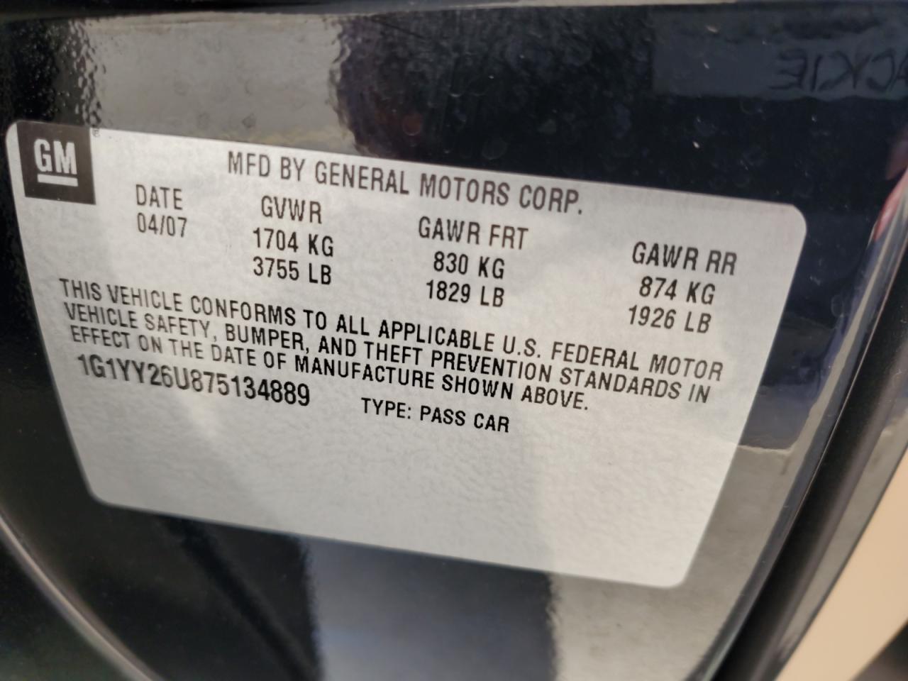 2007 Chevrolet Corvette VIN: 1G1YY26U875134889 Lot: 54178975