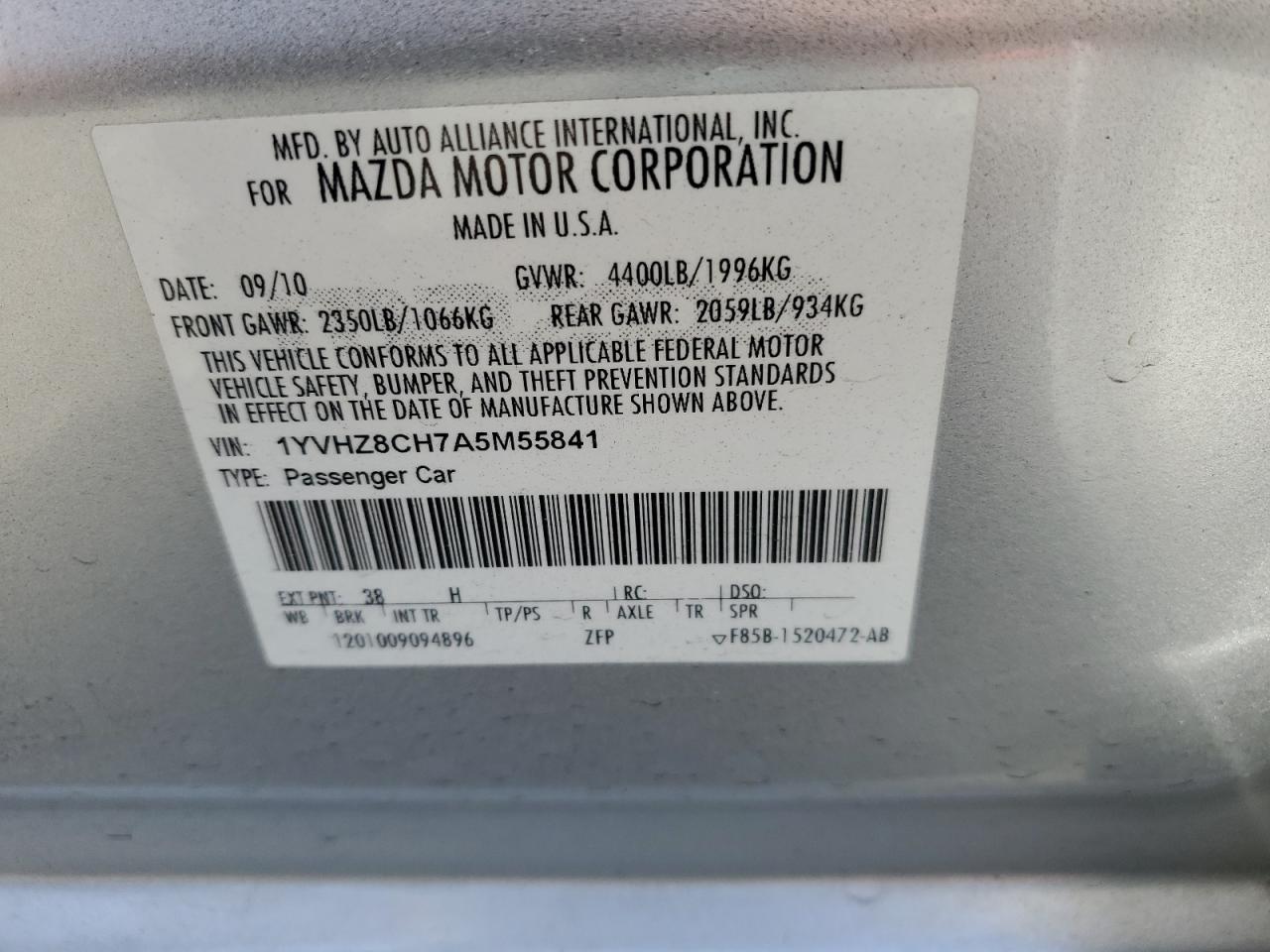 2010 Mazda 6 I VIN: 1YVHZ8CH7A5M55841 Lot: 51207025