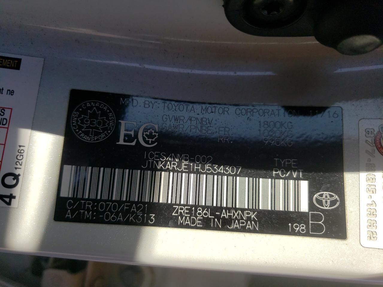 2017 Toyota Corolla Im VIN: JTNKARJE1HJ534307 Lot: 53384175