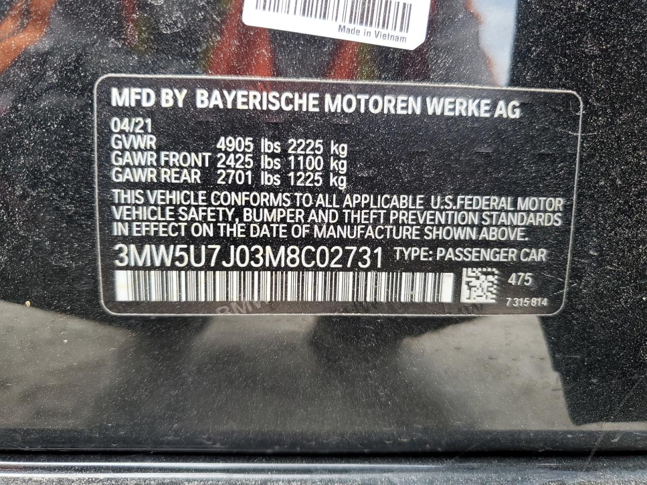 2021 BMW M340I VIN: 3MW5U7J03M8C02731 Lot: 54938815