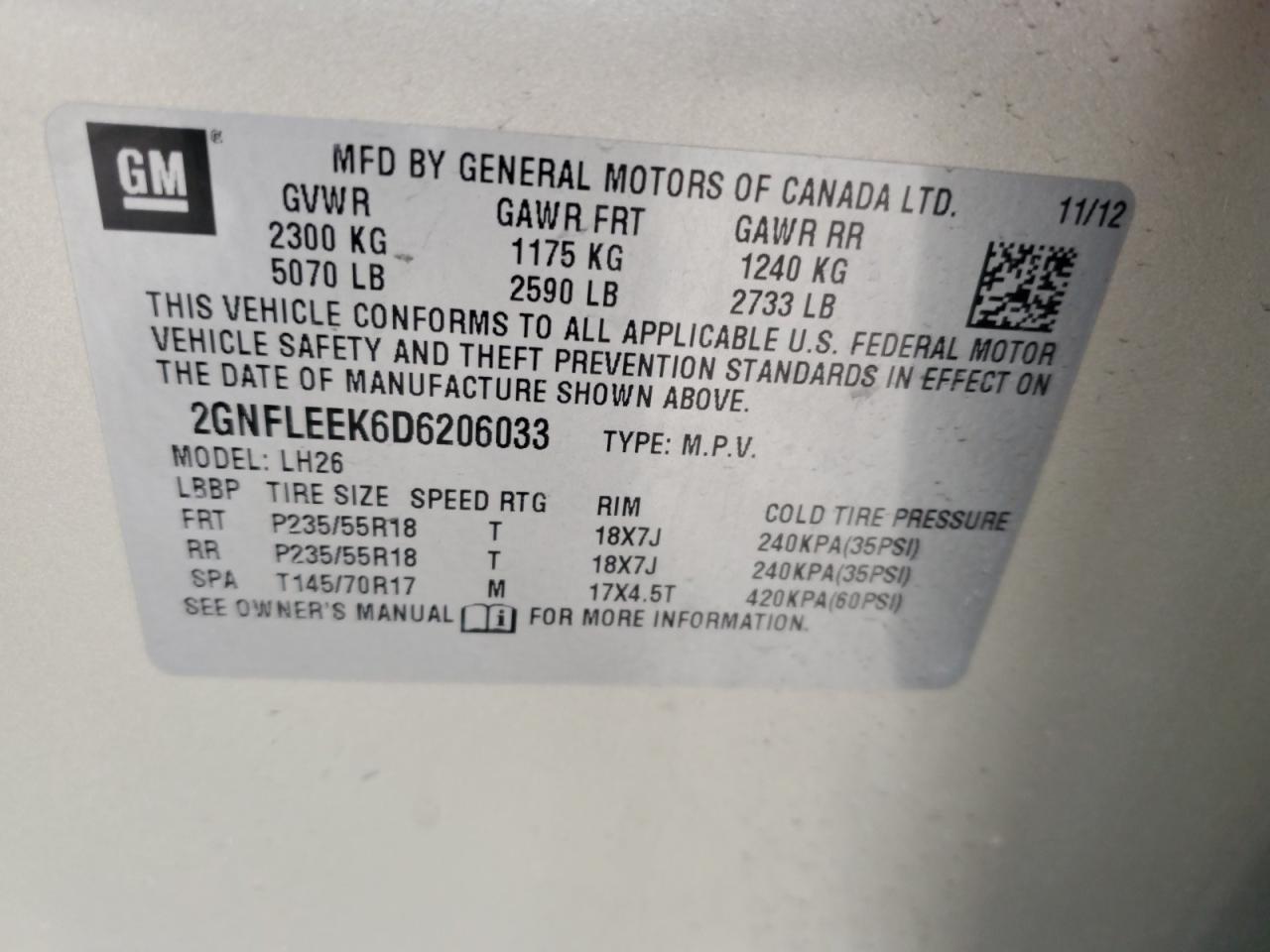 2013 Chevrolet Equinox Lt VIN: 2GNFLEEK6D6206033 Lot: 53629475