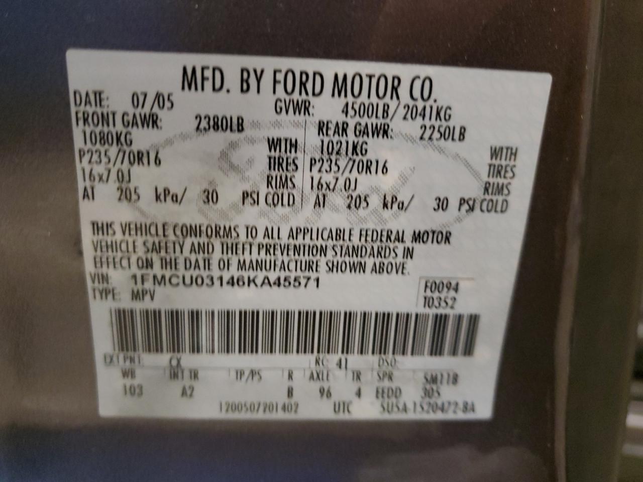 2006 Ford Escape Xlt VIN: 1FMCU03146KA45571 Lot: 54619635