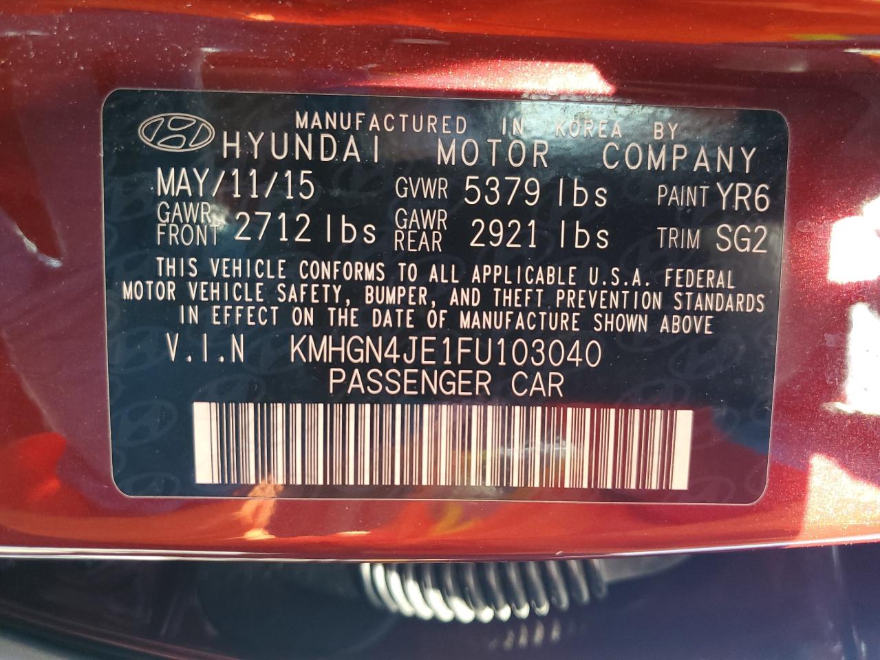 2015 Hyundai Genesis 3.8L VIN: KMHGN4JE1FU103040 Lot: 55215775