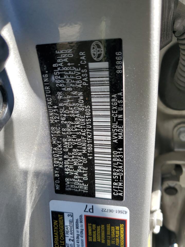 2015 Toyota Camry Hybrid VIN: 4T1BD1FK7FU151605 Lot: 54245235