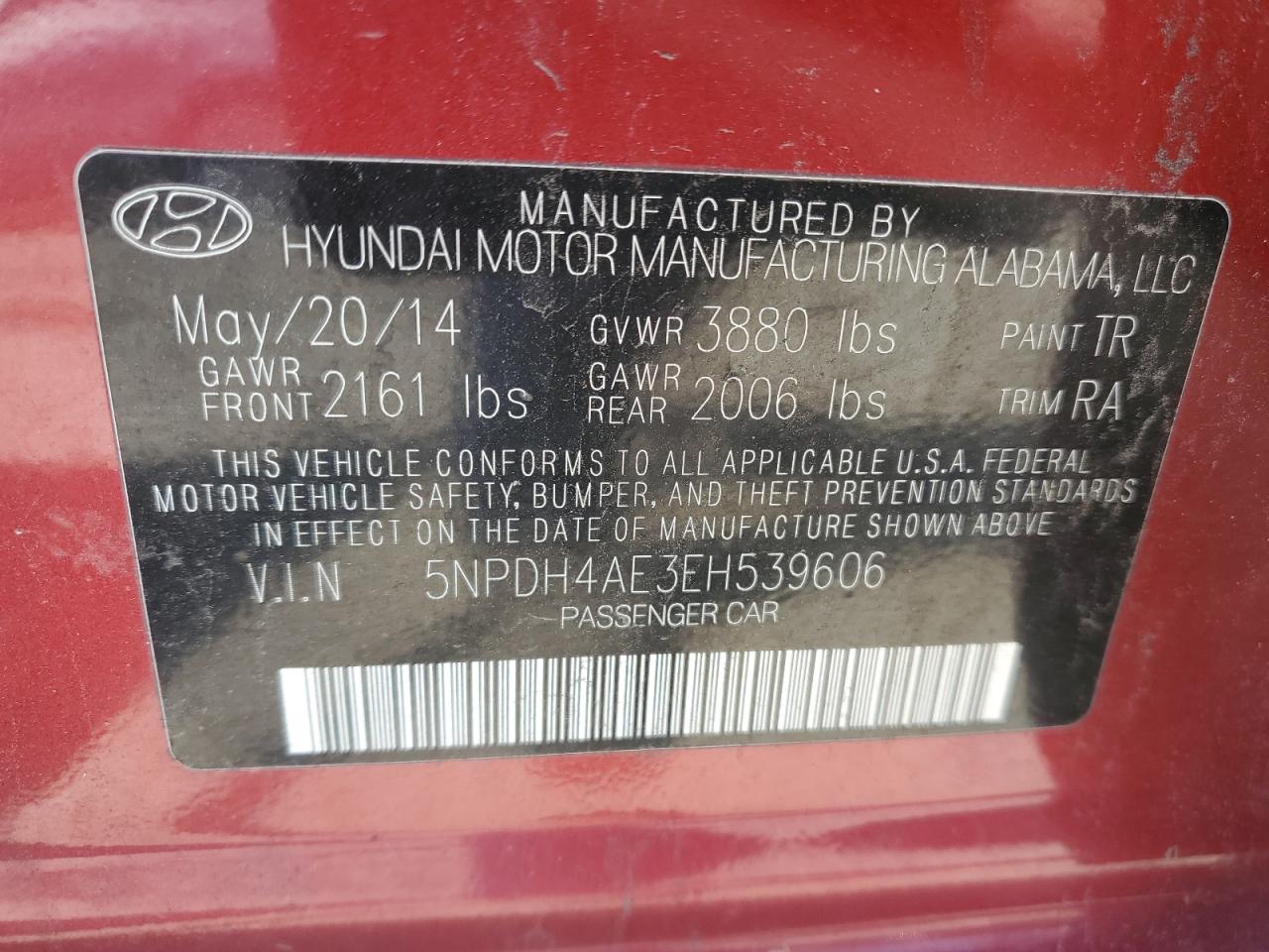 2014 Hyundai Elantra Se VIN: 5NPDH4AE3EH539606 Lot: 53283945