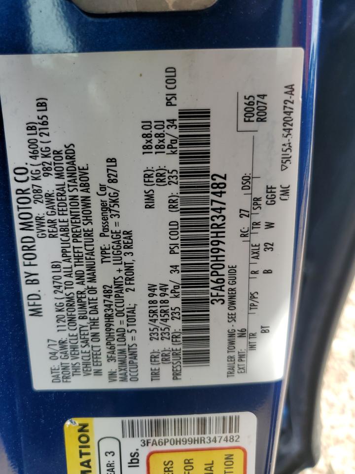 2017 Ford Fusion Se VIN: 3FA6P0H99HR347482 Lot: 51170105
