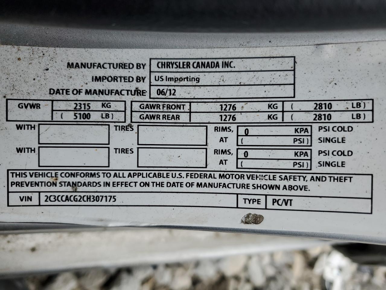 2012 Chrysler 300 Limited VIN: 2C3CCACG2CH307175 Lot: 52387625