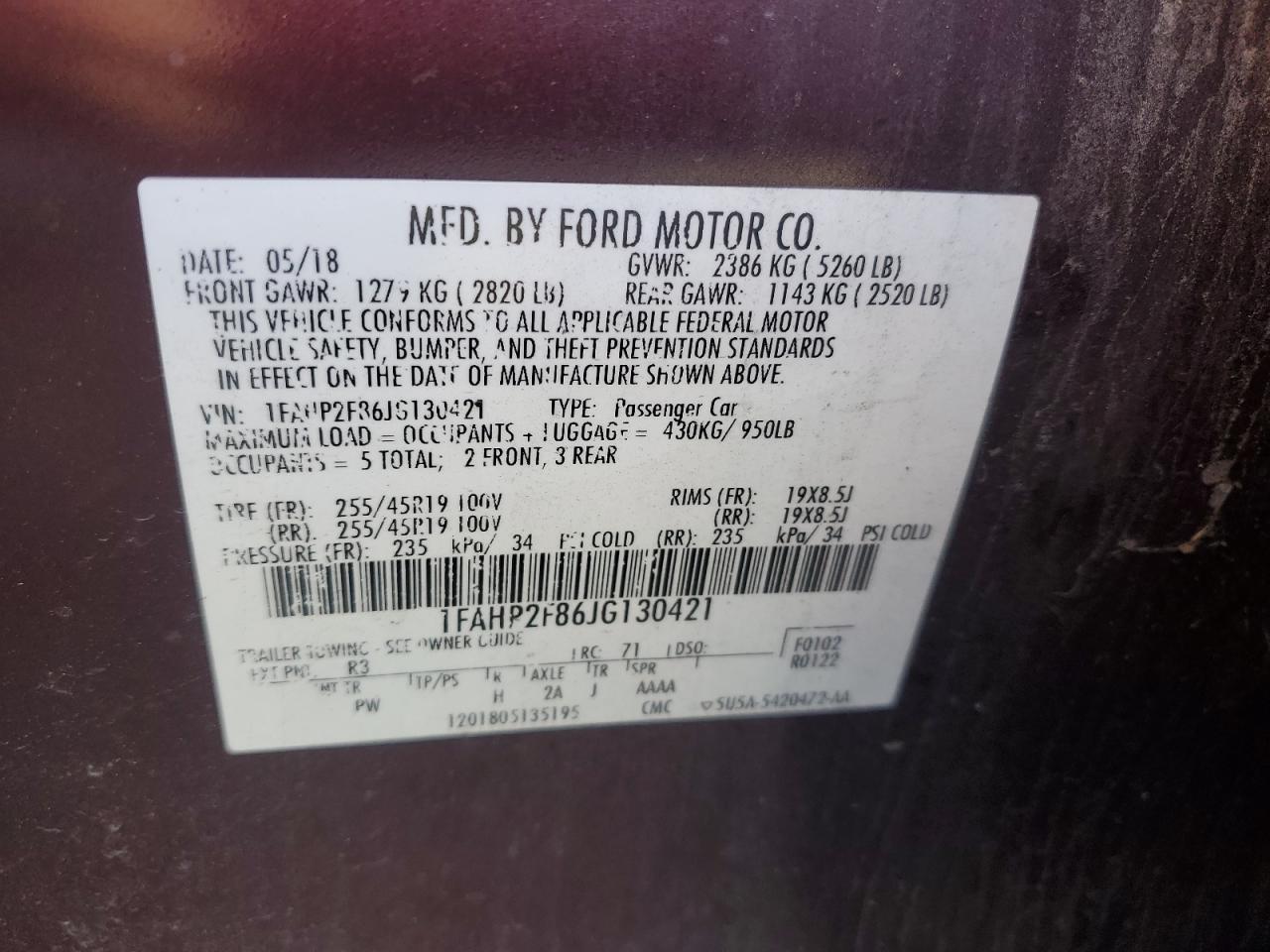 2018 Ford Taurus Limited VIN: 1FAHP2F86JG130421 Lot: 53774025