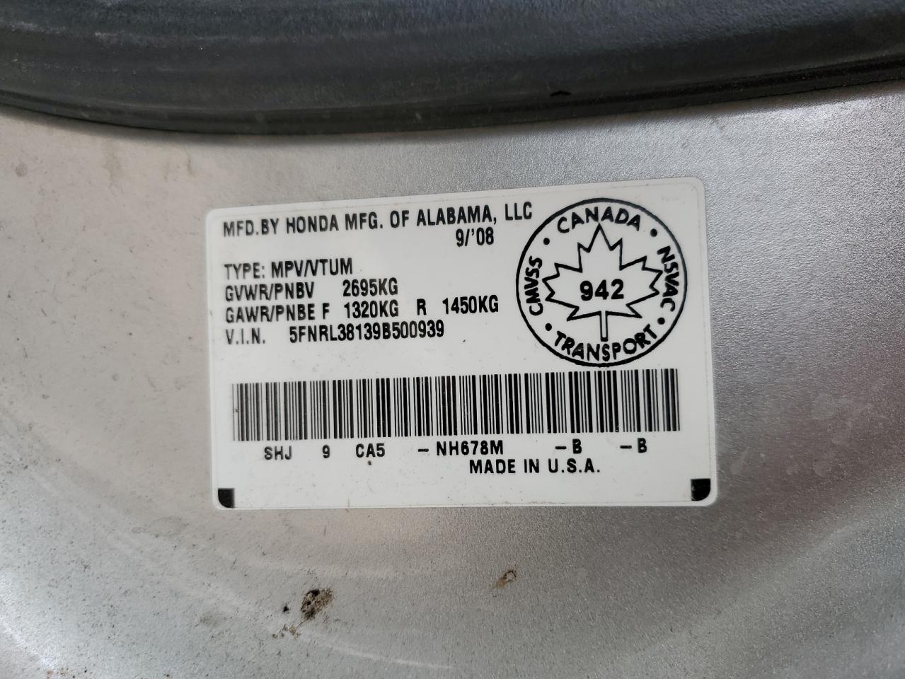 2009 Honda Odyssey Lx VIN: 5FNRL38139B500939 Lot: 52079215