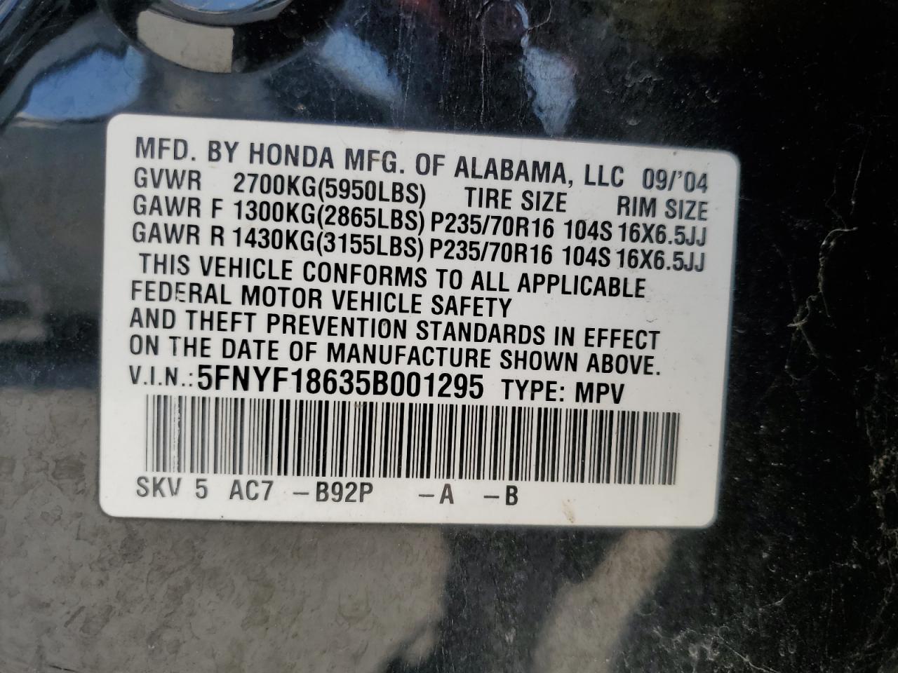 2005 Honda Pilot Exl VIN: 5FNYF18635B001295 Lot: 52434555