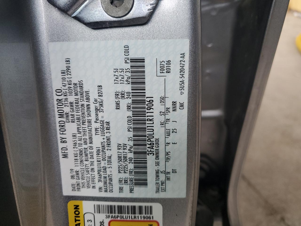 2020 Ford Fusion Se VIN: 3FA6P0LU1LR119061 Lot: 54038725