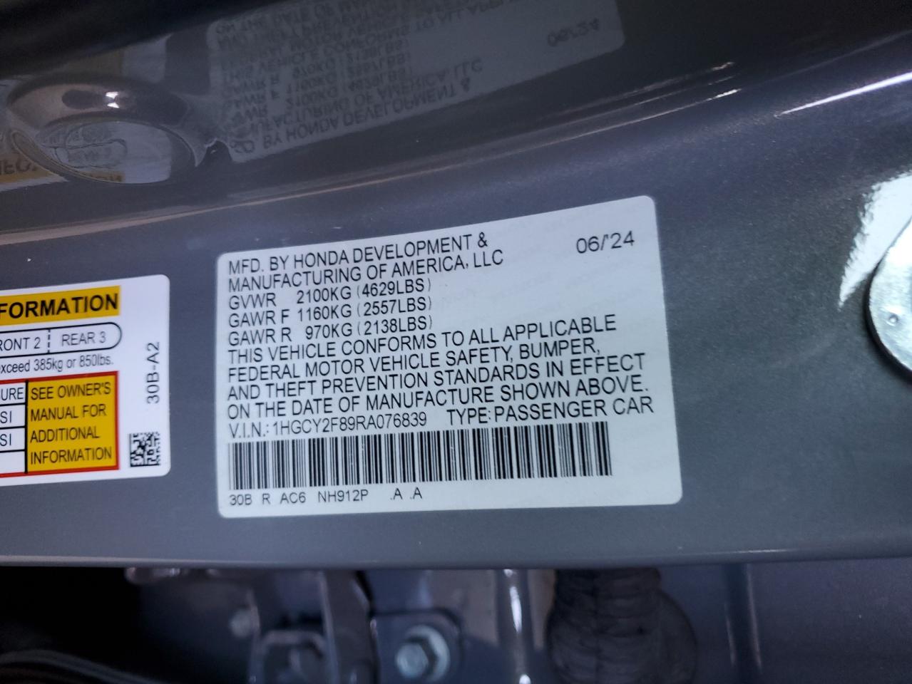2024 Honda Accord Touring Hybrid VIN: 1HGCY2F89RA076839 Lot: 53860395