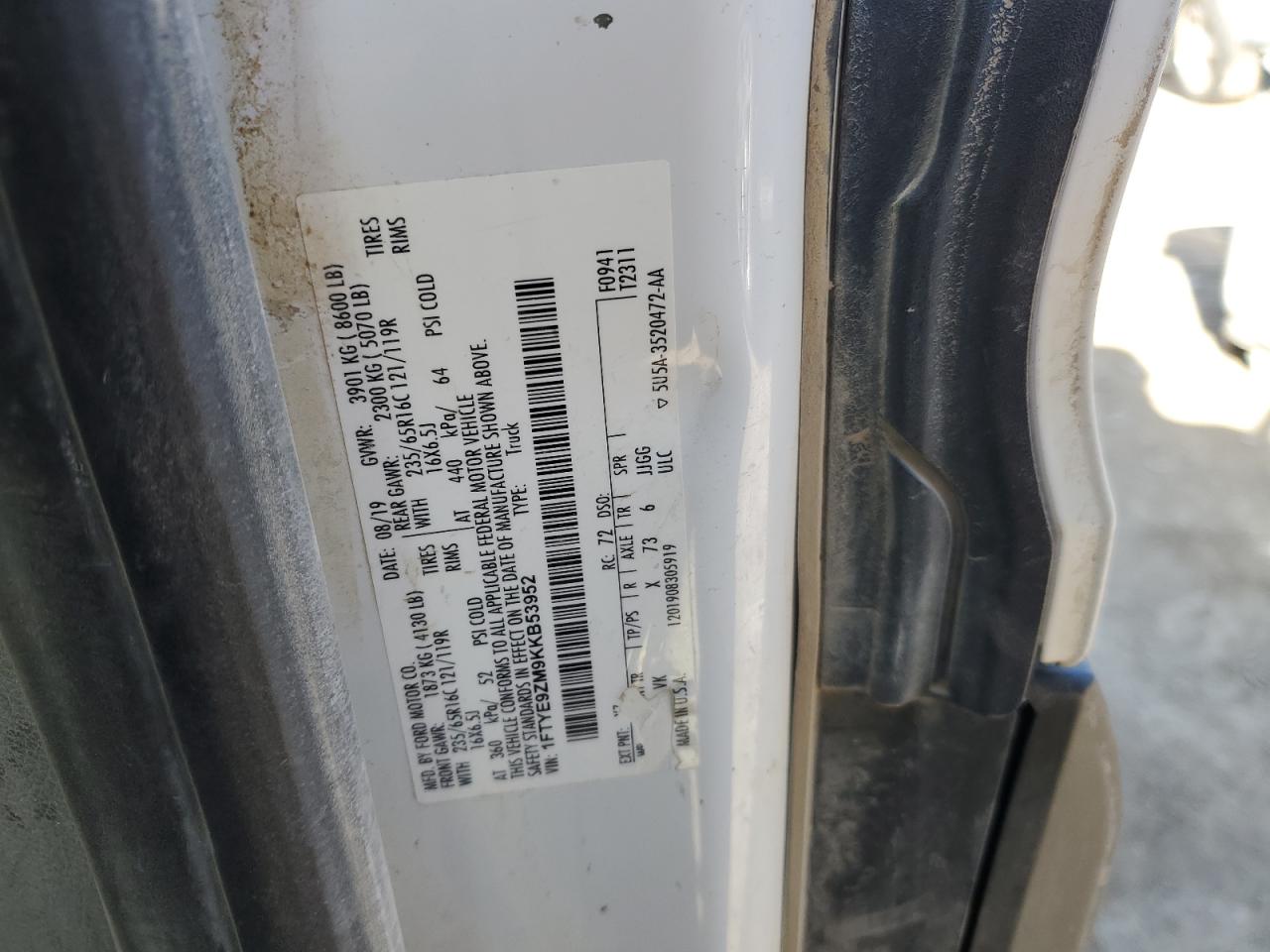 2019 Ford Transit T-150 VIN: 1FTYE9ZM9KKB53952 Lot: 52826865