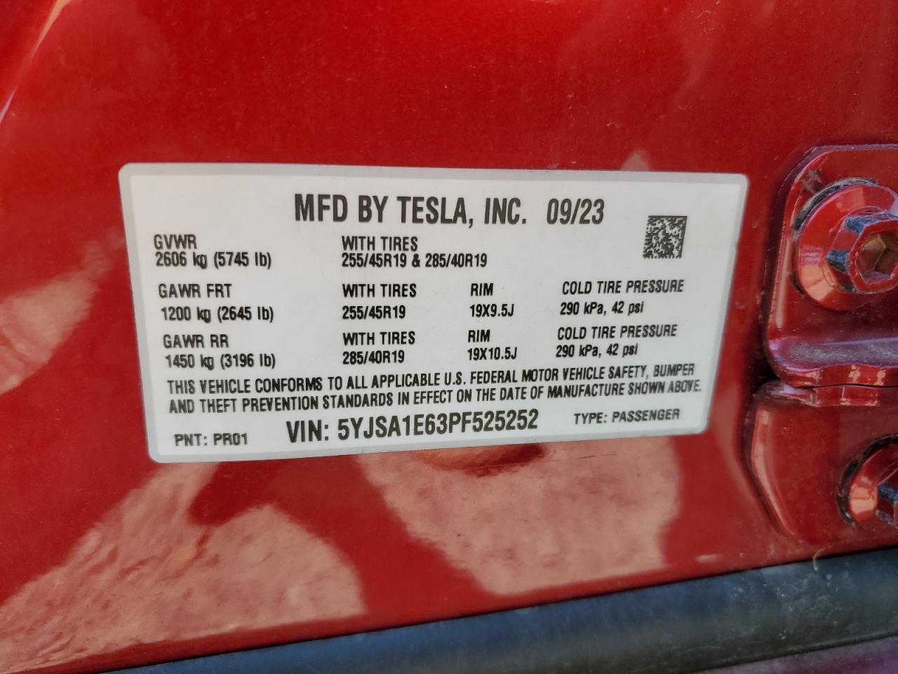 2023 Tesla Model S VIN: 5YJSA1E63PF525252 Lot: 52293995