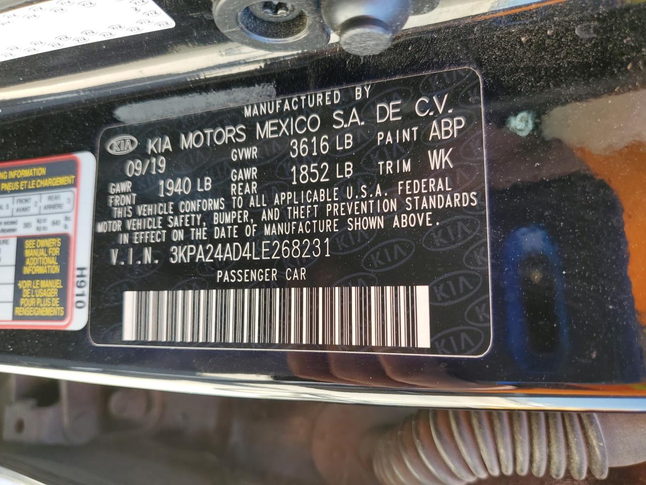 2020 Kia Rio Lx VIN: 3KPA24AD4LE268231 Lot: 52140975