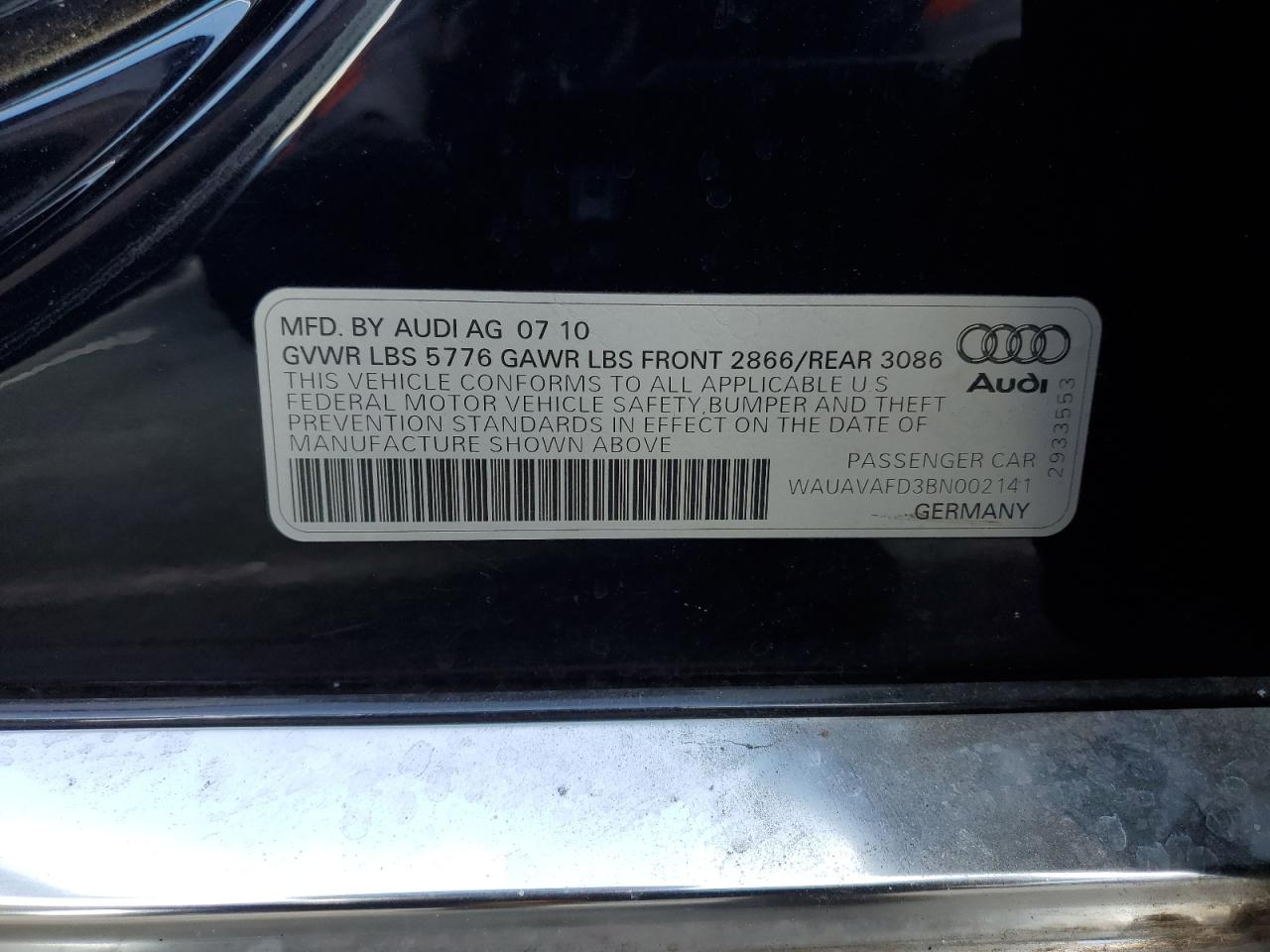 2011 Audi A8 Quattro VIN: WAUAVAFD3BN002141 Lot: 52760605