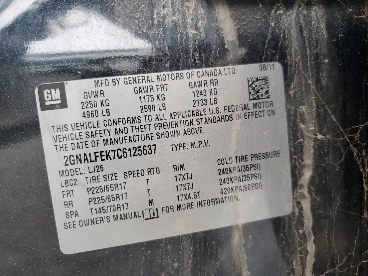 2012 Chevrolet Equinox Ltz VIN: 2GNALFEK7C6125637 Lot: 51696625