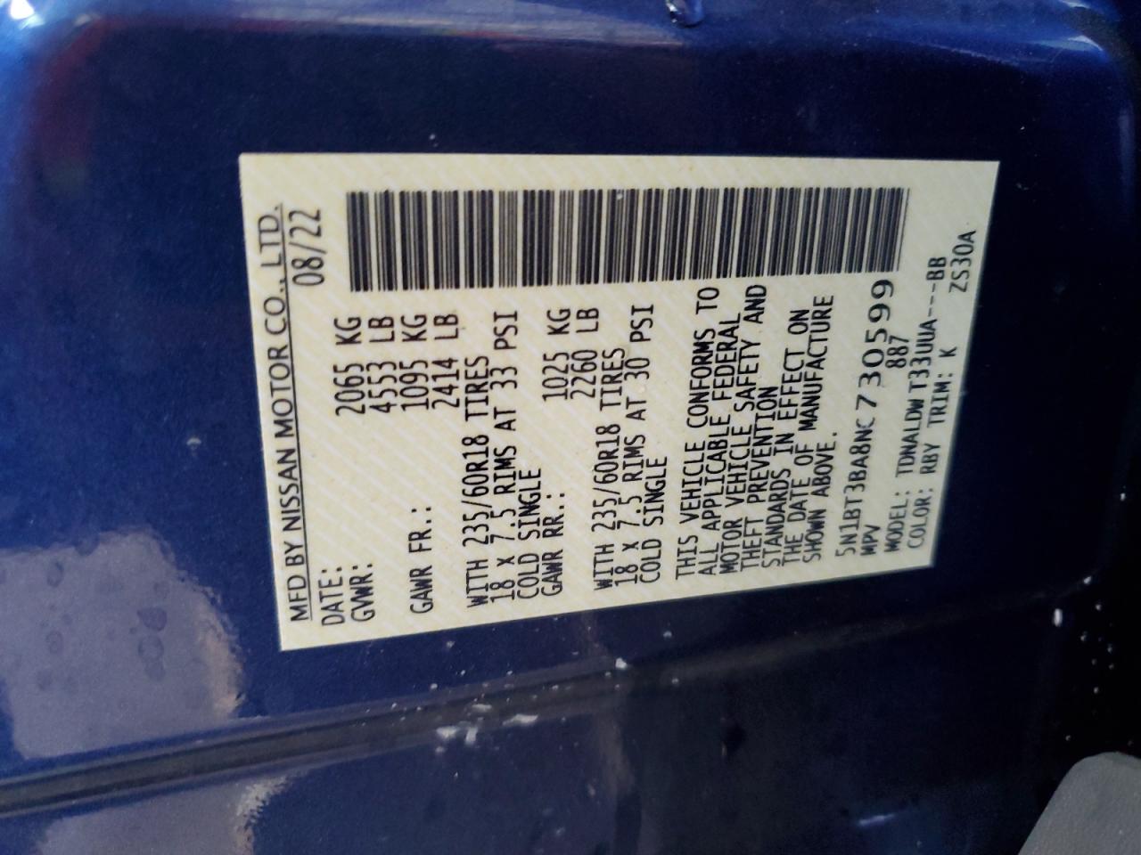 2022 Nissan Rogue Sv VIN: 5N1BT3BA8NC730599 Lot: 52323855