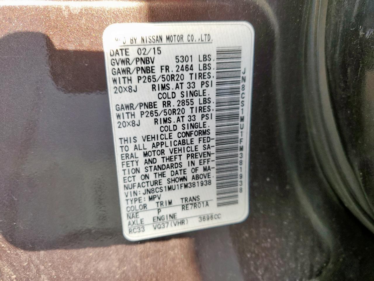 2015 Infiniti Qx70 VIN: JN8CS1MU1FM381938 Lot: 53502405