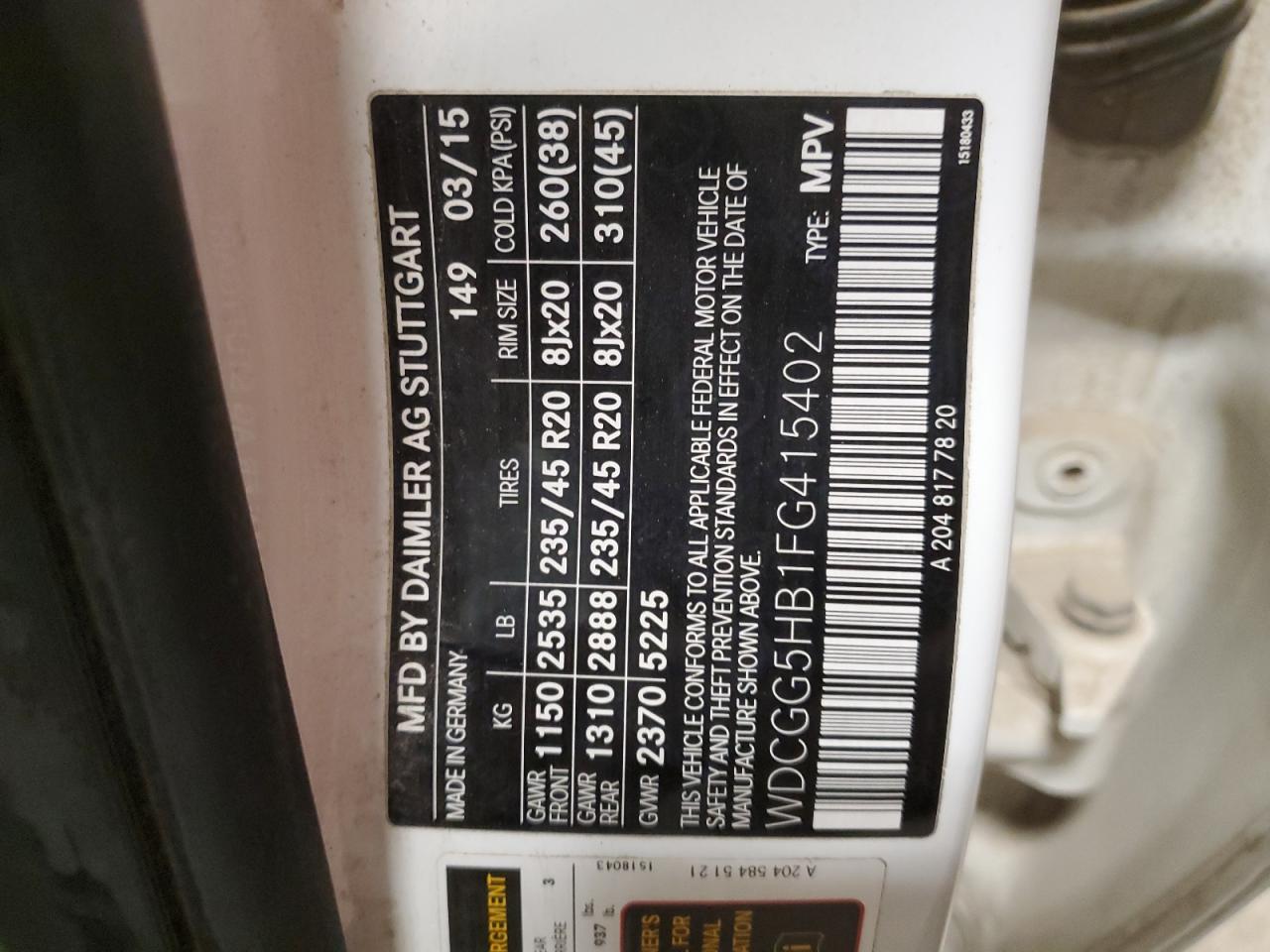 WDCGG5HB1FG415402 2015 Mercedes-Benz Glk 350